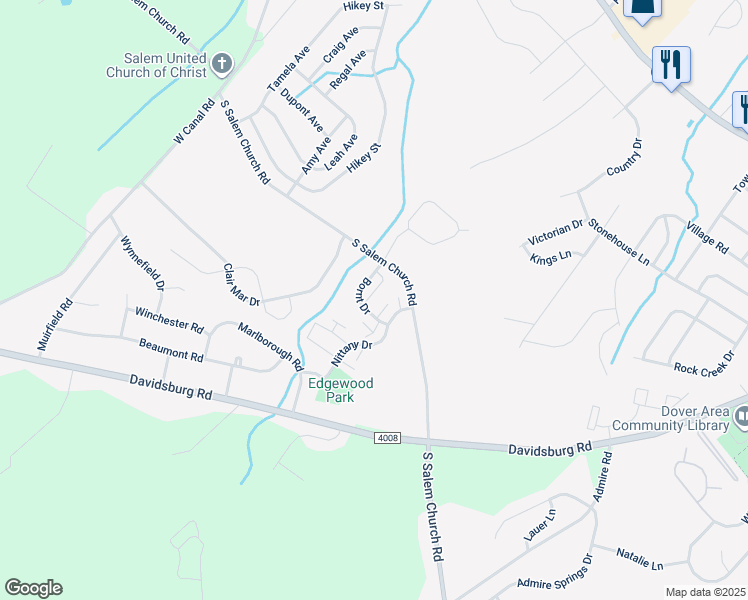 map of restaurants, bars, coffee shops, grocery stores, and more near 3149 Bornt Drive in Dover