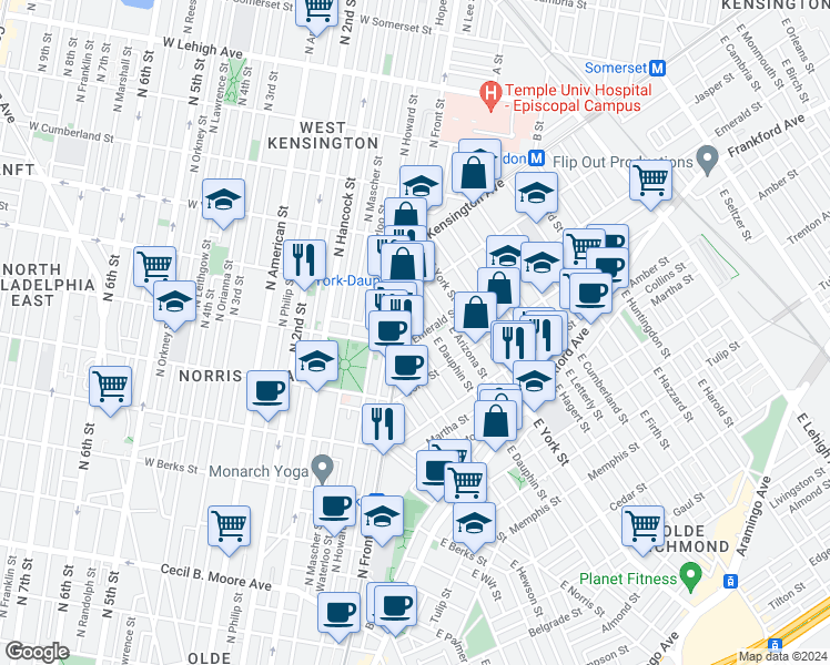 map of restaurants, bars, coffee shops, grocery stores, and more near 2218 Emerald Street in Philadelphia