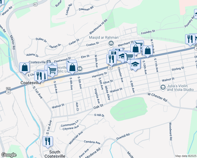 map of restaurants, bars, coffee shops, grocery stores, and more near 38 South 6th Avenue in Coatesville