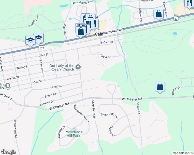 map of restaurants, bars, coffee shops, grocery stores, and more near 1713 Reed Street in Coatesville