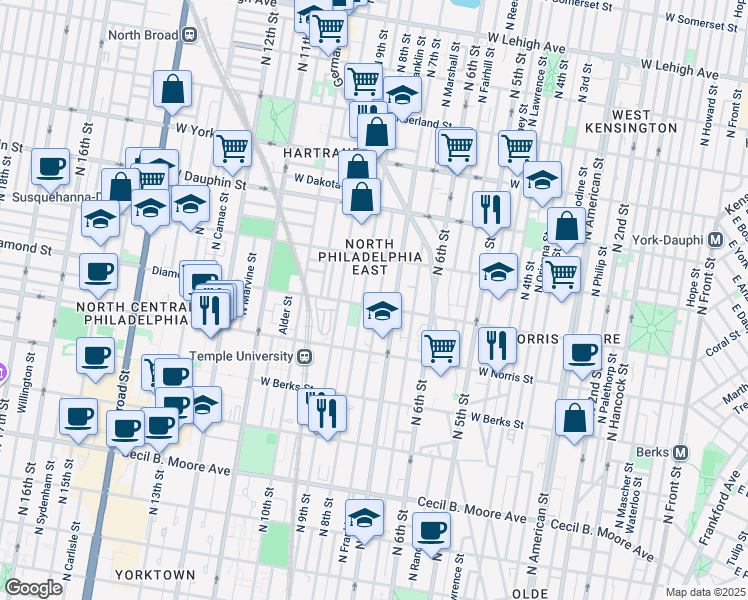 map of restaurants, bars, coffee shops, grocery stores, and more near 2106 North Franklin Street in Philadelphia