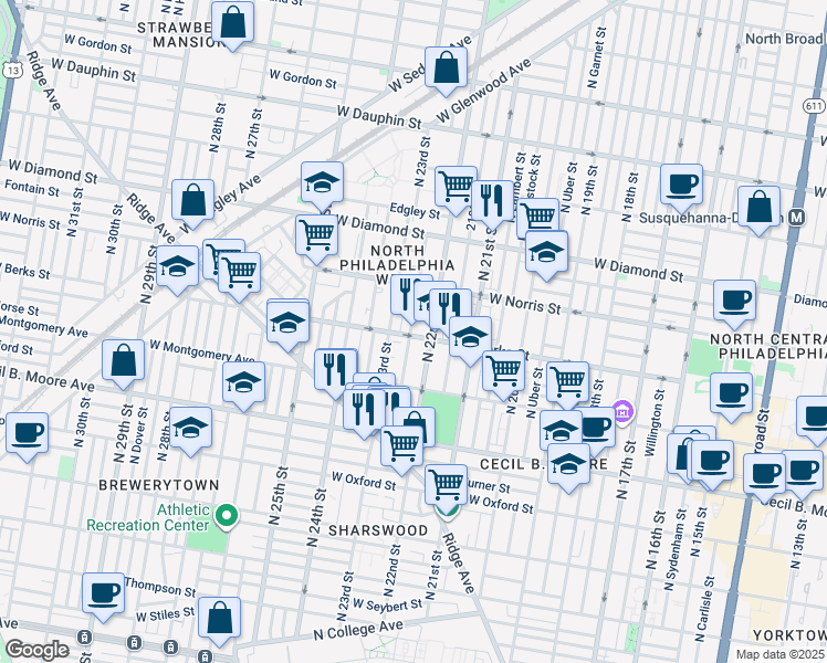 map of restaurants, bars, coffee shops, grocery stores, and more near 2221 West Berks Street in Philadelphia