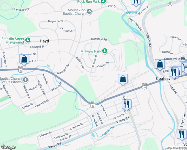 map of restaurants, bars, coffee shops, grocery stores, and more near 101 Country Run Drive in Coatesville