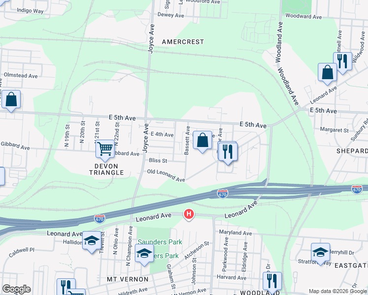 map of restaurants, bars, coffee shops, grocery stores, and more near 843 Bassett Avenue in Columbus