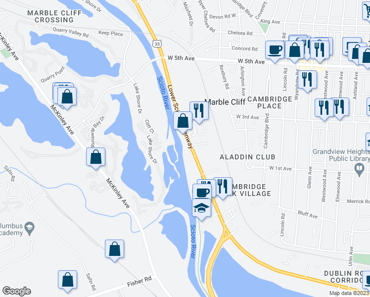 map of restaurants, bars, coffee shops, grocery stores, and more near 1405 Dublin Road in Columbus