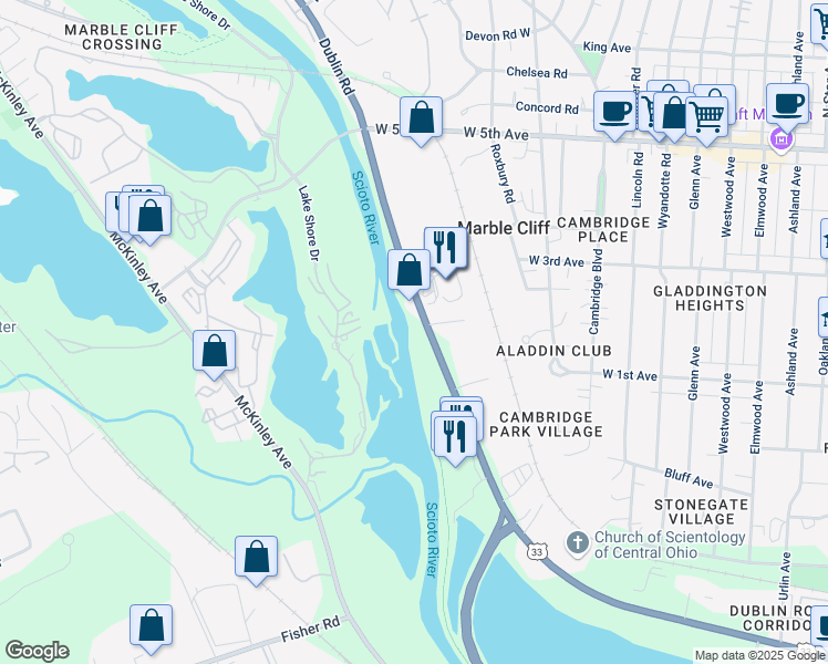 map of restaurants, bars, coffee shops, grocery stores, and more near 1405 Dublin Road in Columbus