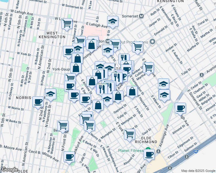 map of restaurants, bars, coffee shops, grocery stores, and more near 2078 East Letterly Street in Philadelphia