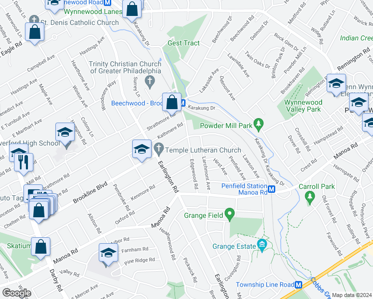 map of restaurants, bars, coffee shops, grocery stores, and more near 1204 Edgewood Road in Havertown