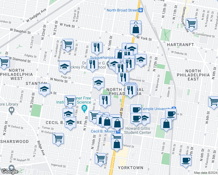 map of restaurants, bars, coffee shops, grocery stores, and more near 1439 West Norris Street in Philadelphia