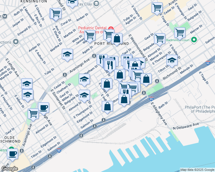 map of restaurants, bars, coffee shops, grocery stores, and more near 3043 Almond Street in Philadelphia