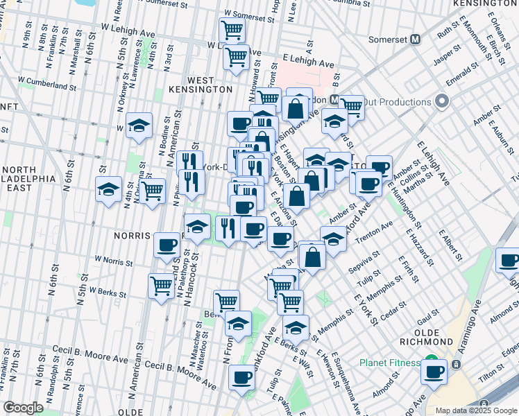 map of restaurants, bars, coffee shops, grocery stores, and more near 2218 Emerald Street in Philadelphia
