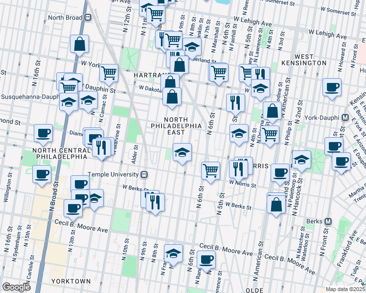 map of restaurants, bars, coffee shops, grocery stores, and more near 2111 North Franklin Street in Philadelphia