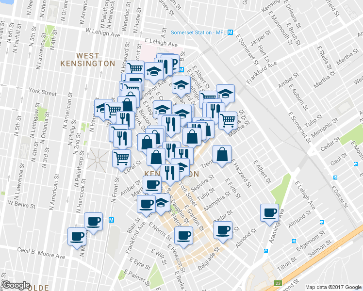 map of restaurants, bars, coffee shops, grocery stores, and more near 2078 East Letterly Street in Philadelphia