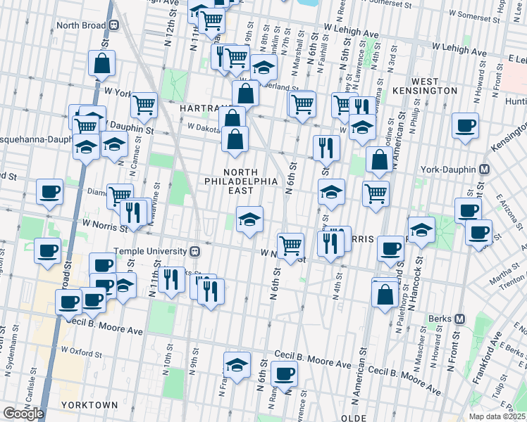 map of restaurants, bars, coffee shops, grocery stores, and more near 2127 North 7th Street in Philadelphia