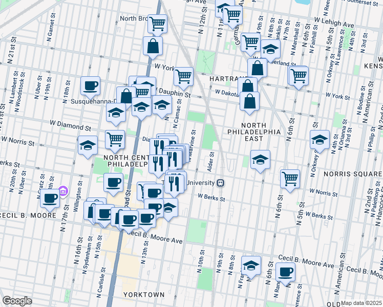 map of restaurants, bars, coffee shops, grocery stores, and more near 2027 North Marvine Street in Philadelphia
