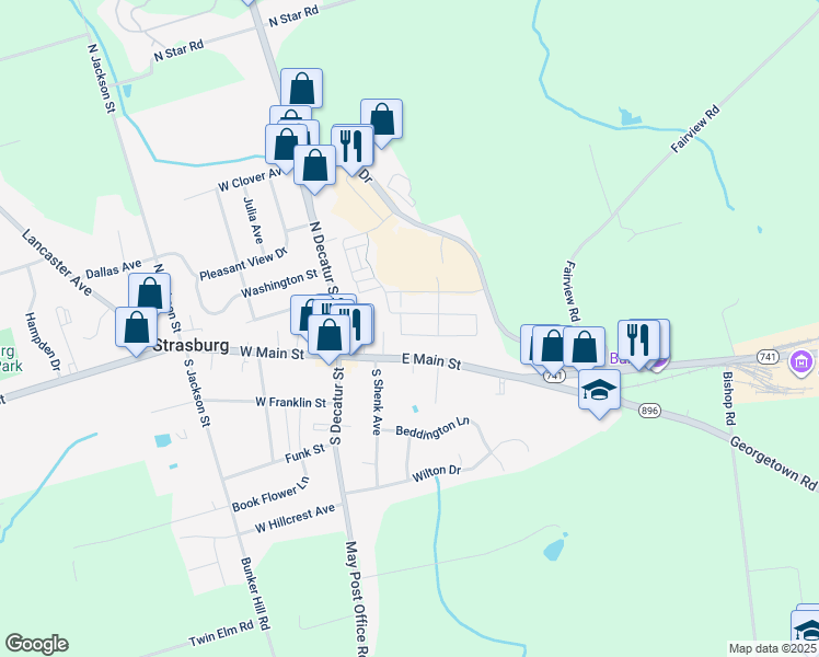 map of restaurants, bars, coffee shops, grocery stores, and more near 270 Asbury Lane in Strasburg