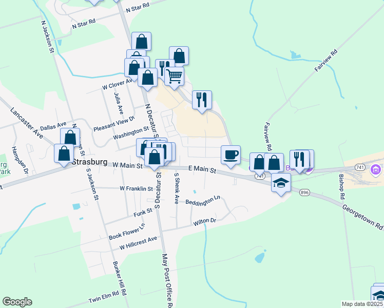 map of restaurants, bars, coffee shops, grocery stores, and more near 275 Old Post Lane in Strasburg