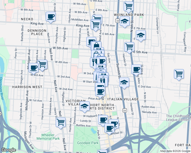 map of restaurants, bars, coffee shops, grocery stores, and more near 15 West 3rd Avenue in Columbus