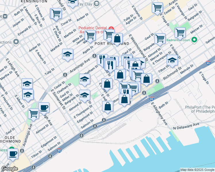 map of restaurants, bars, coffee shops, grocery stores, and more near 3043 Almond Street in Philadelphia