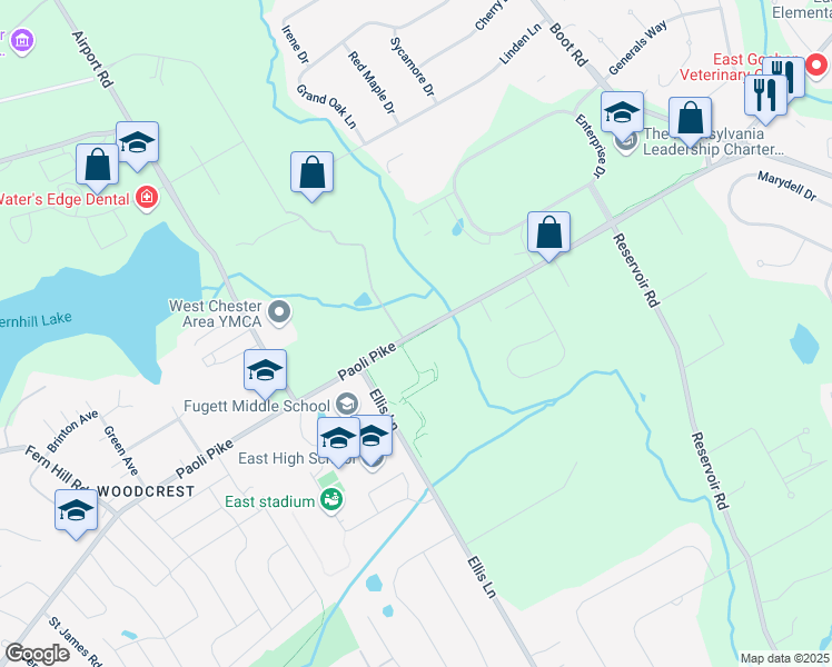 map of restaurants, bars, coffee shops, grocery stores, and more near Paoli Pike in West Chester