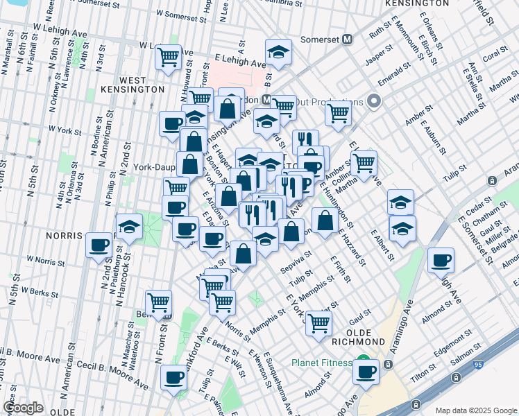 map of restaurants, bars, coffee shops, grocery stores, and more near 2069 East Hagert Street in Philadelphia