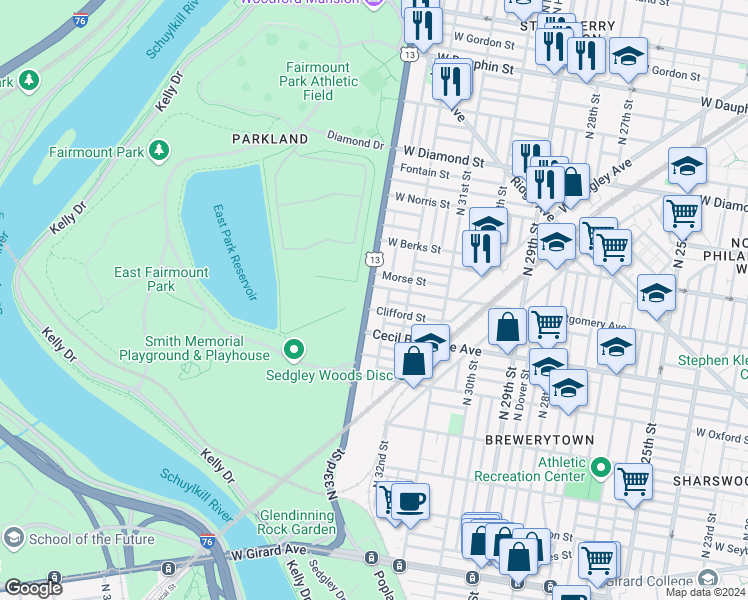 map of restaurants, bars, coffee shops, grocery stores, and more near 1739 North 33rd Street in Philadelphia