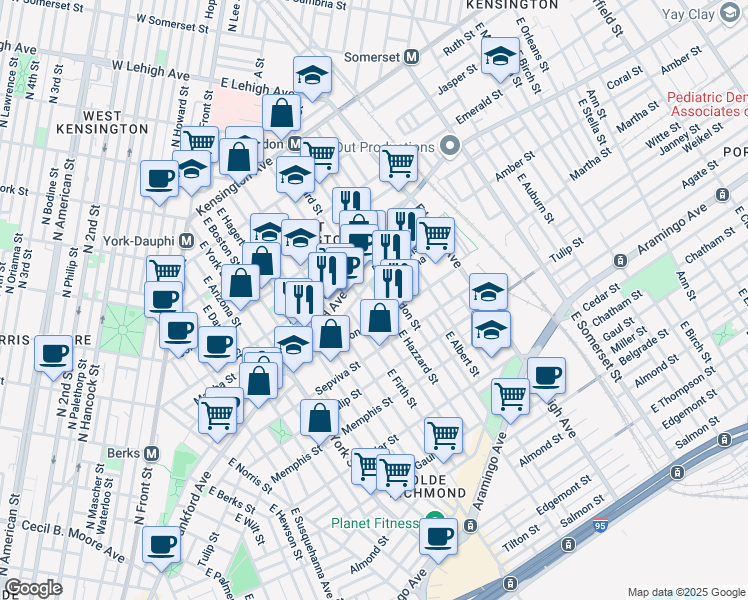 map of restaurants, bars, coffee shops, grocery stores, and more near 2132 East Hazzard Street in Philadelphia