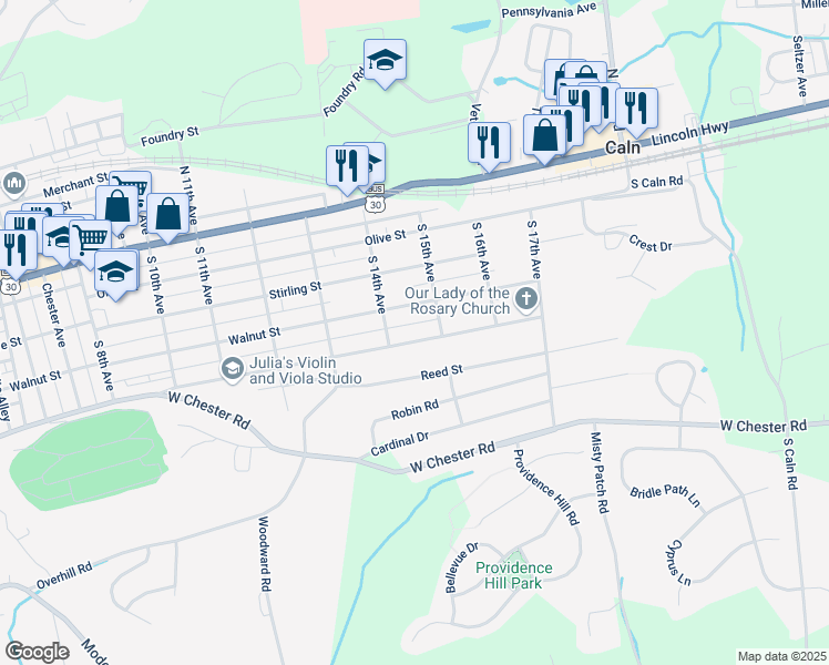 map of restaurants, bars, coffee shops, grocery stores, and more near 1408 Walnut Street in Coatesville