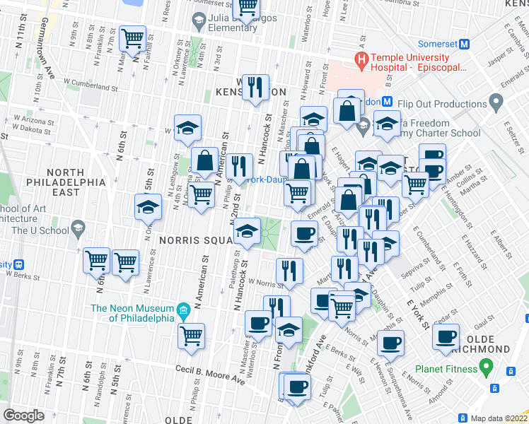 map of restaurants, bars, coffee shops, grocery stores, and more near 145 West Susquehanna Avenue in Philadelphia