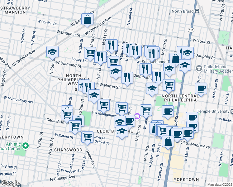 map of restaurants, bars, coffee shops, grocery stores, and more near 1931 North Uber Street in Philadelphia