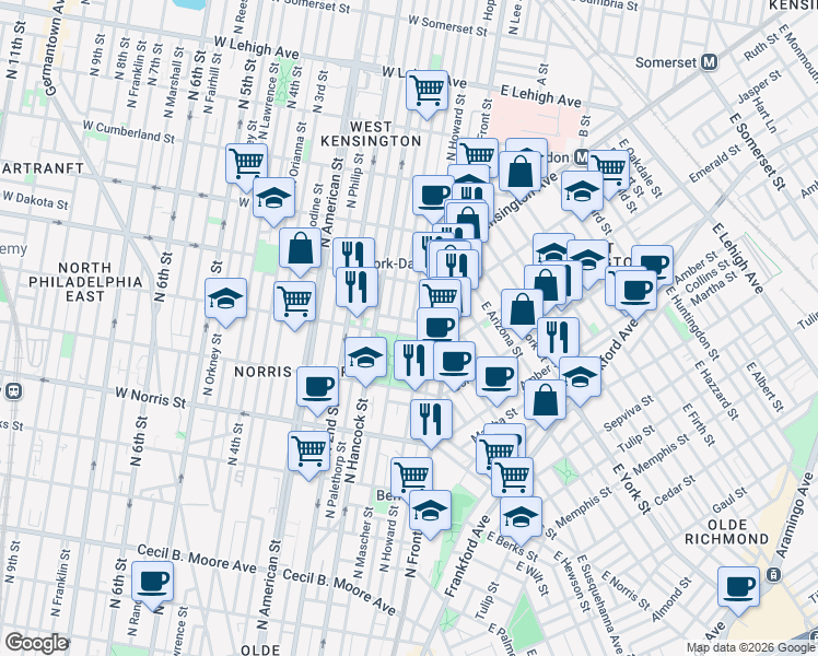 map of restaurants, bars, coffee shops, grocery stores, and more near 2222 North Howard Street in Philadelphia