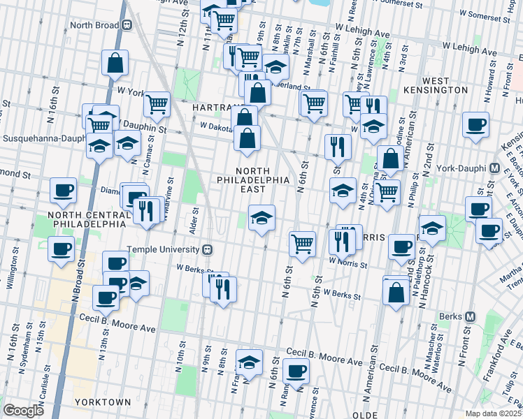 map of restaurants, bars, coffee shops, grocery stores, and more near 2111 North Franklin Street in Philadelphia