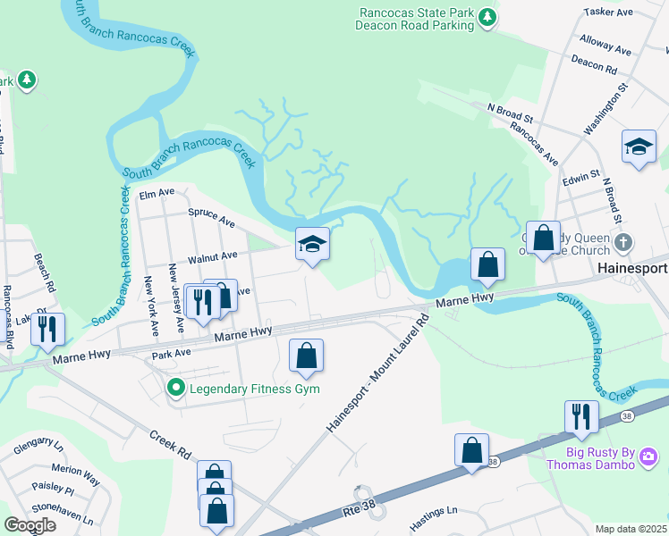 map of restaurants, bars, coffee shops, grocery stores, and more near 2119 Marne Highway in Hainesport