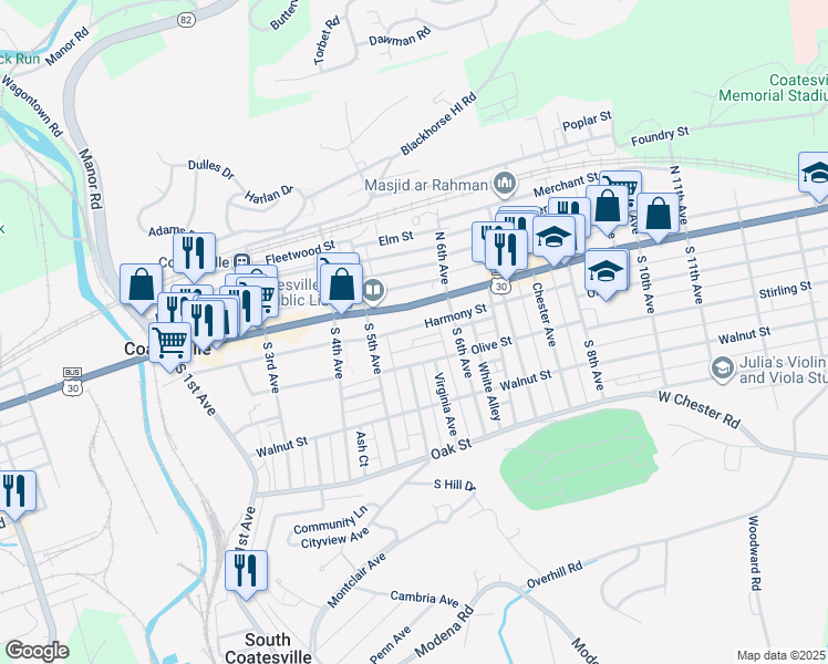map of restaurants, bars, coffee shops, grocery stores, and more near 546 Harmony Street in Coatesville
