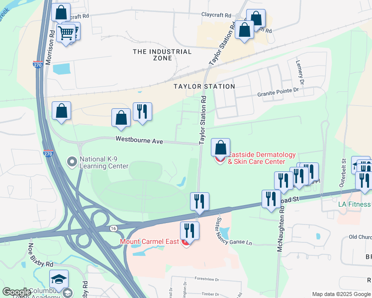 map of restaurants, bars, coffee shops, grocery stores, and more near 5831 Westbourne Avenue in Columbus