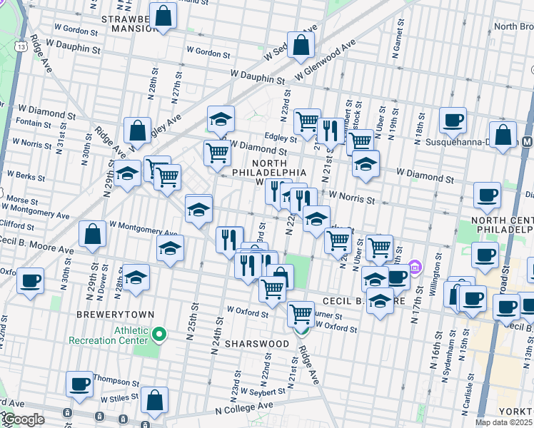 map of restaurants, bars, coffee shops, grocery stores, and more near 1914 North Croskey Street in Philadelphia