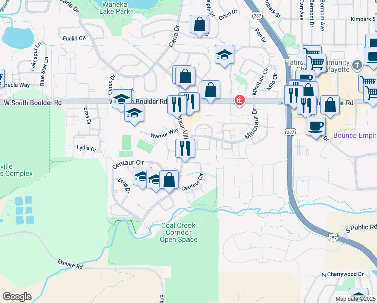 map of restaurants, bars, coffee shops, grocery stores, and more near 1145 Bacchus Drive in Lafayette