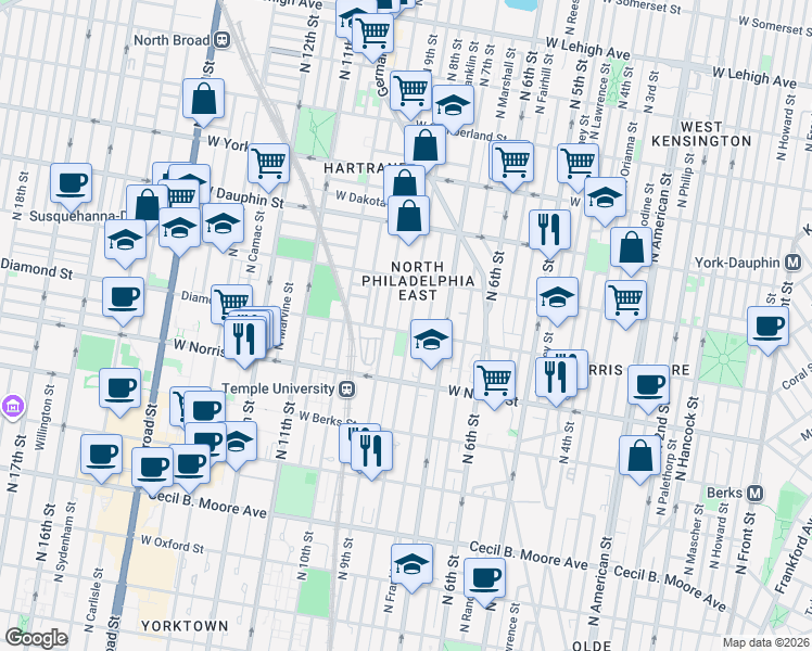 map of restaurants, bars, coffee shops, grocery stores, and more near 2123 North 8th Street in Philadelphia