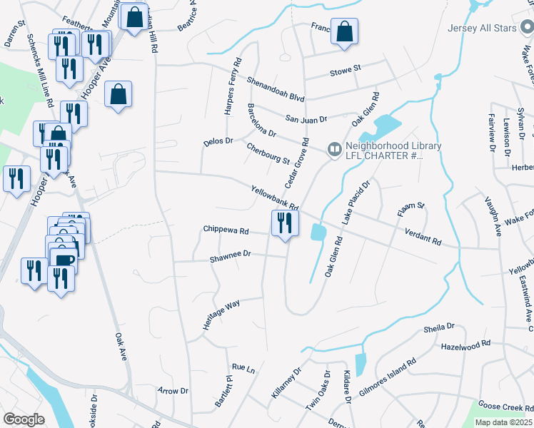 map of restaurants, bars, coffee shops, grocery stores, and more near 5 Apache Drive in Toms River