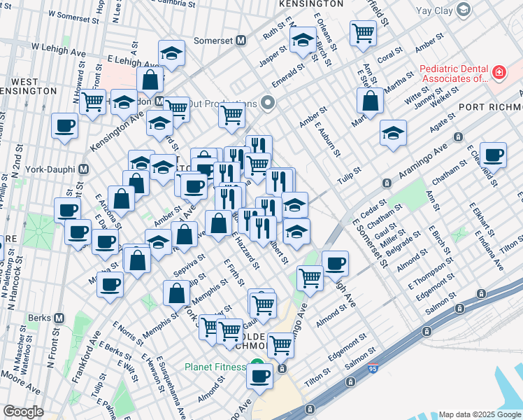 map of restaurants, bars, coffee shops, grocery stores, and more near 2181 East Tucker Street in Philadelphia