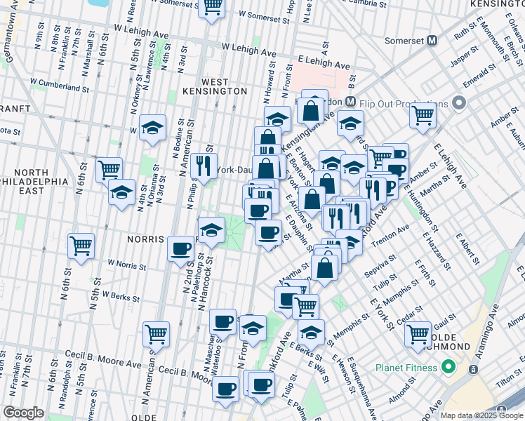 map of restaurants, bars, coffee shops, grocery stores, and more near 2214 North Front Street in Philadelphia