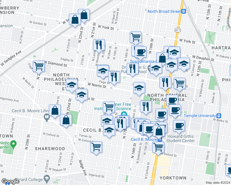 map of restaurants, bars, coffee shops, grocery stores, and more near 1947 North Gratz Street in Philadelphia