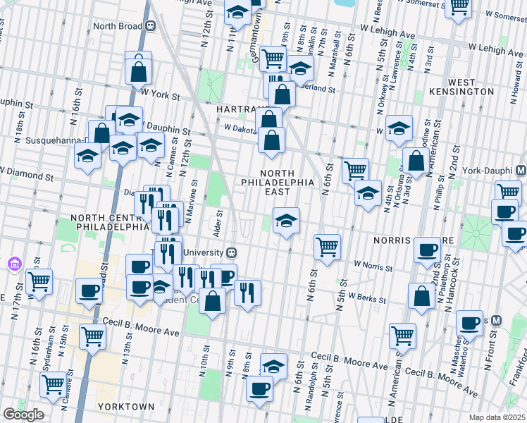 map of restaurants, bars, coffee shops, grocery stores, and more near 2123 North 8th Street in Philadelphia