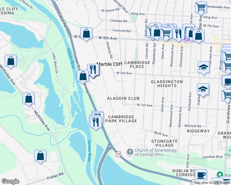 map of restaurants, bars, coffee shops, grocery stores, and more near 2010 Aladdin Woods Court in Columbus