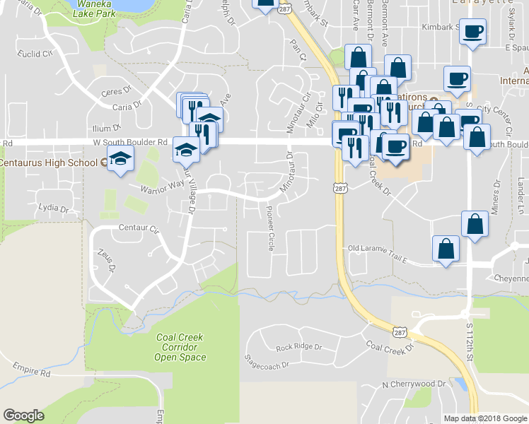map of restaurants, bars, coffee shops, grocery stores, and more near 1020 Artemis Circle in Lafayette