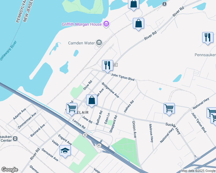 map of restaurants, bars, coffee shops, grocery stores, and more near 8432 Holman Avenue in Pennsauken Township