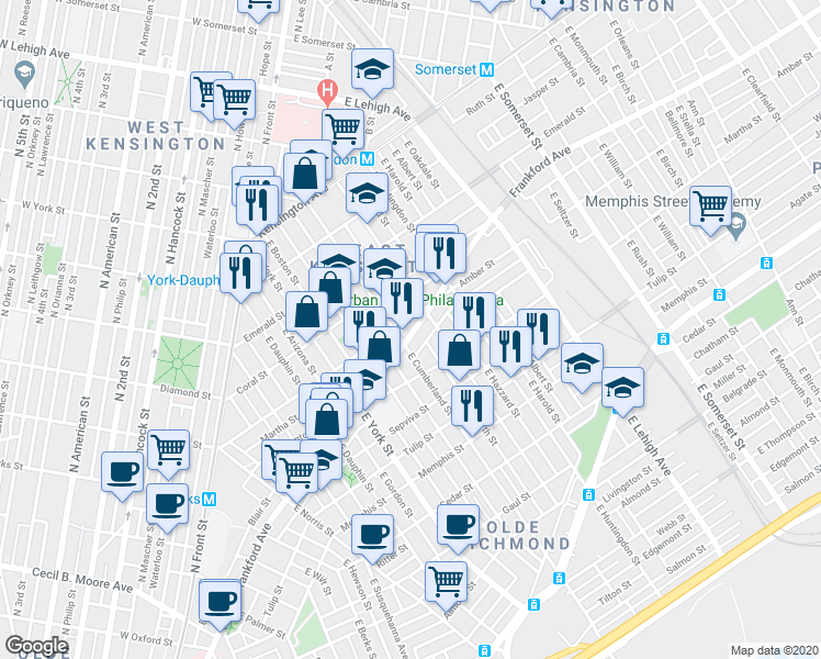 map of restaurants, bars, coffee shops, grocery stores, and more near 2073 East Cumberland Street in Philadelphia