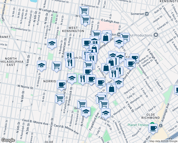 map of restaurants, bars, coffee shops, grocery stores, and more near 1918 East Dauphin Street in Philadelphia