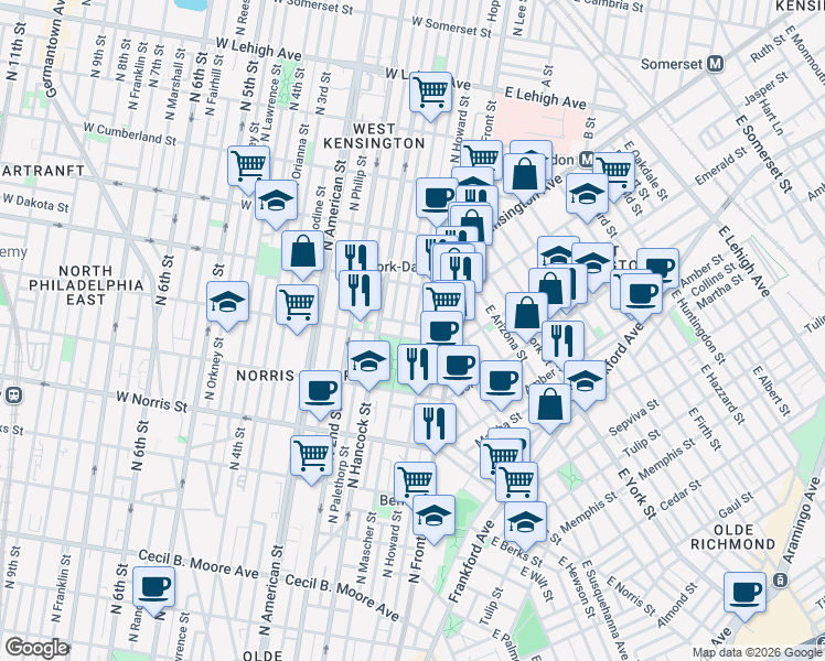 map of restaurants, bars, coffee shops, grocery stores, and more near 2222 North Howard Street in Philadelphia