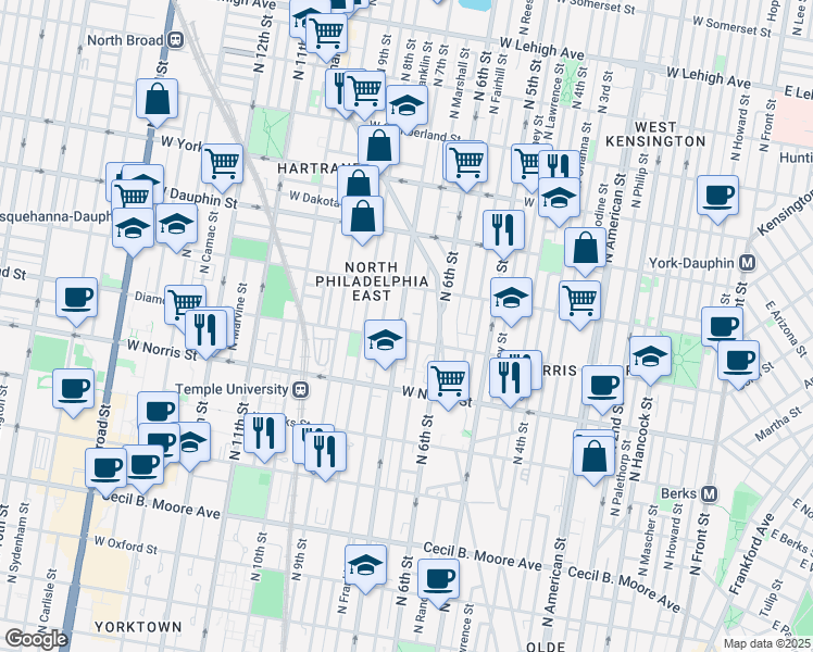 map of restaurants, bars, coffee shops, grocery stores, and more near 2127 North 7th Street in Philadelphia